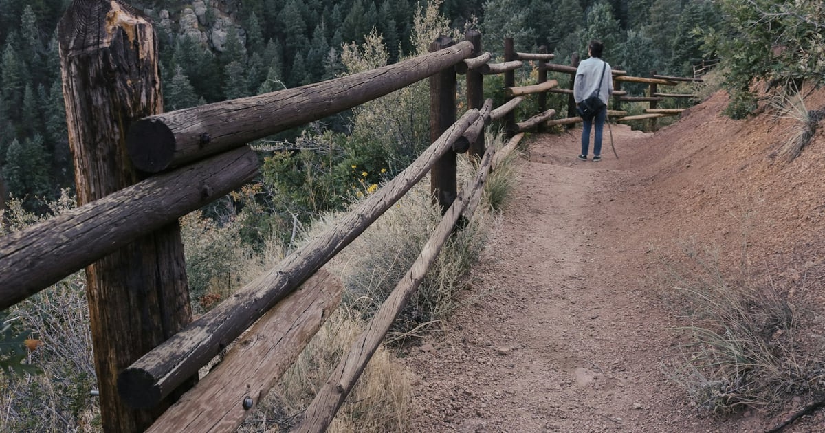 A dirt trail on a hillside edged by a wooden rail fence, with a walker ahead